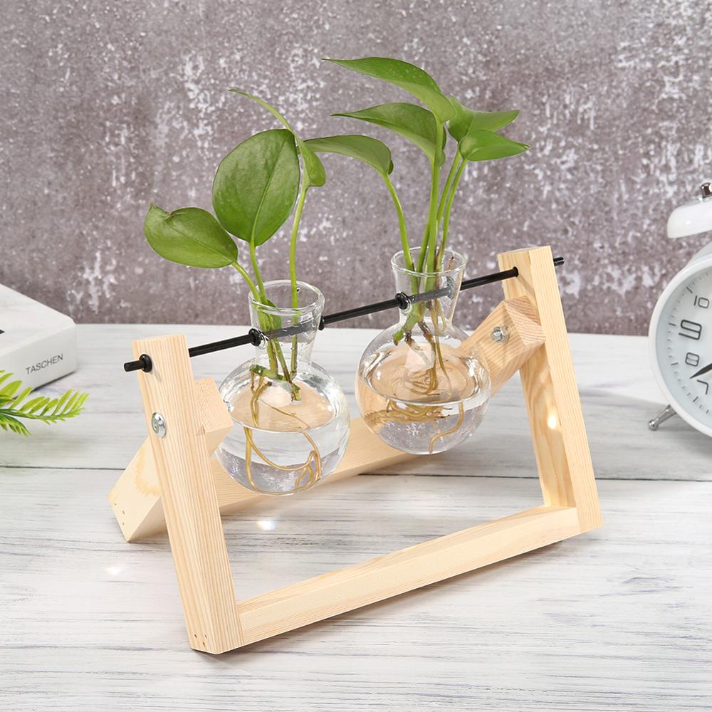 NNEOBA Glass and Wood Vase Planter Terrarium Table Desktop Hydroponics Plant Bonsai Flower Pot Hanging Pots with Wooden Tray Home Decor