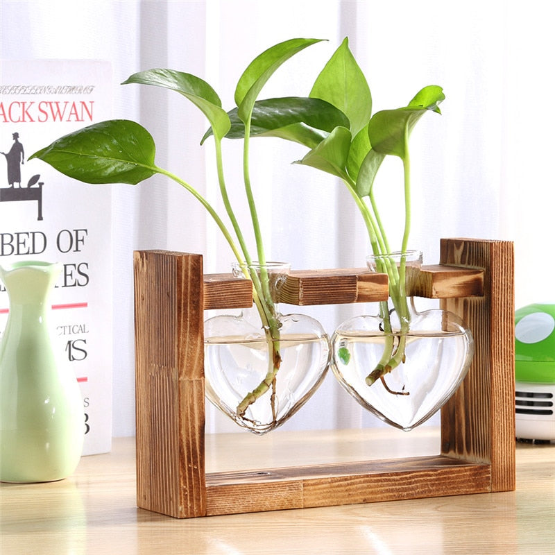 NNEOBA Glass and Wood Vase Planter Terrarium Table Desktop Hydroponics Plant Bonsai Flower Pot Hanging Pots with Wooden Tray Home Decor